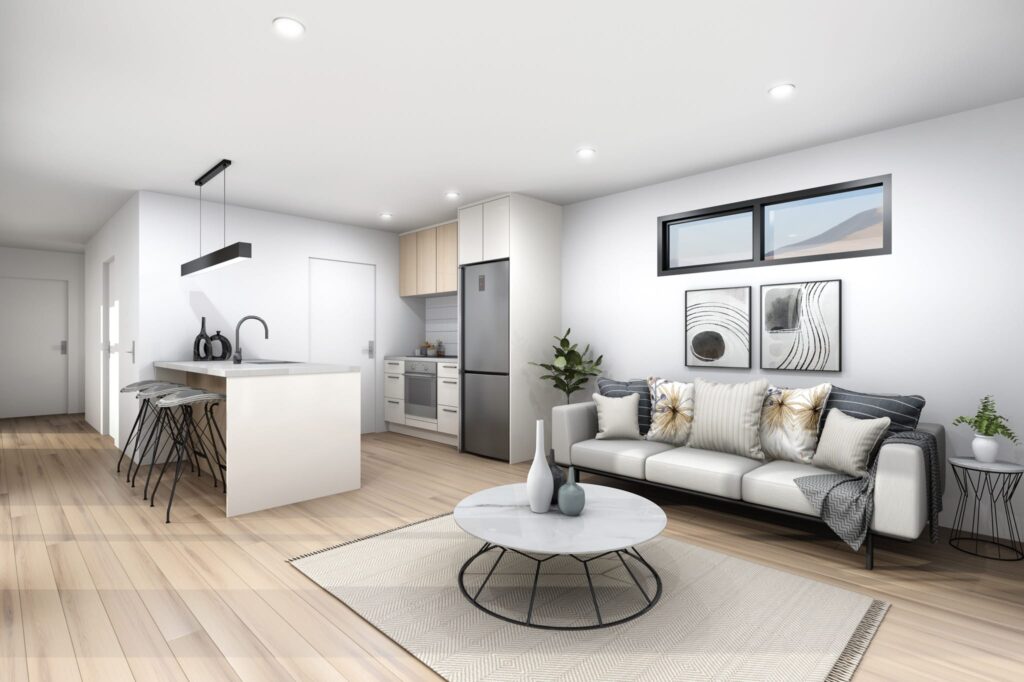 Open plan living and kitchen inside a one bedroom small home NZ, modern design for new home builds.