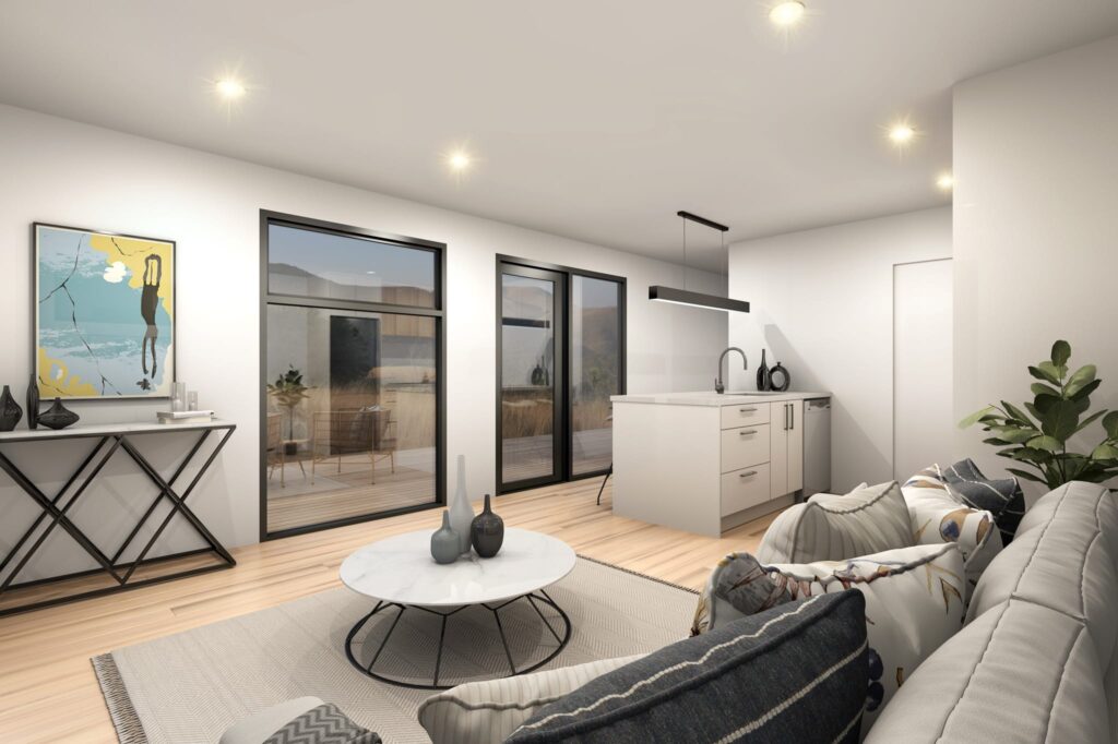 Bright living space with sliding doors in a one bedroom relocatable home NZ, eco friendly small houses.